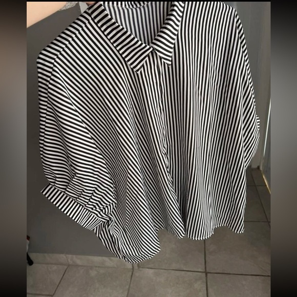 Classic Oversized Loose Fit Stripe Batwing Sleeve Button Down Shirt Top - Picture 6 of 14